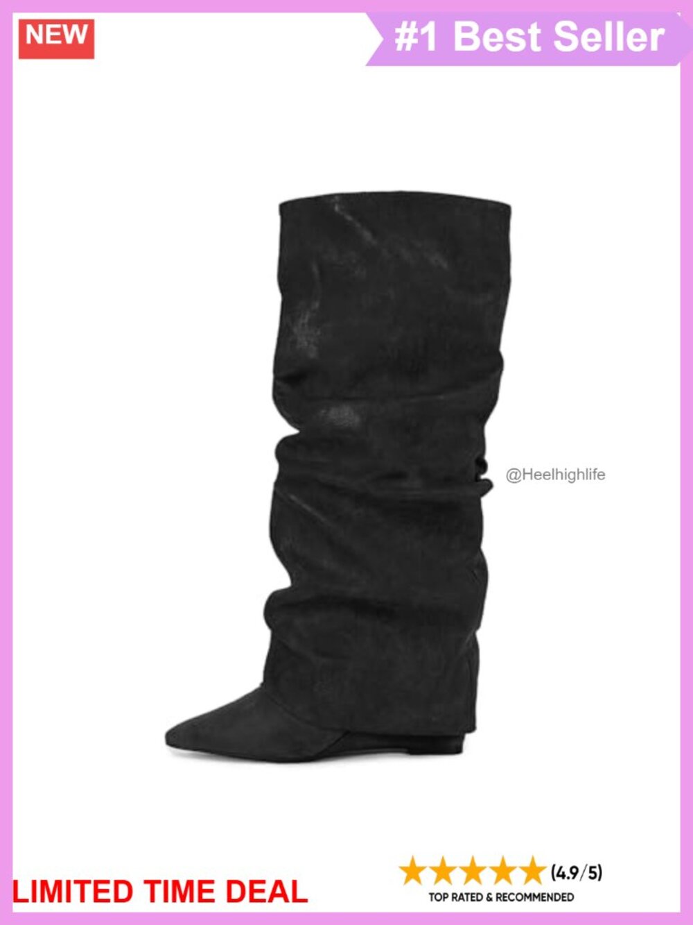 Microfiber Knee High Boots Pointed Toe Fold Over Wedge Heel Slouchy